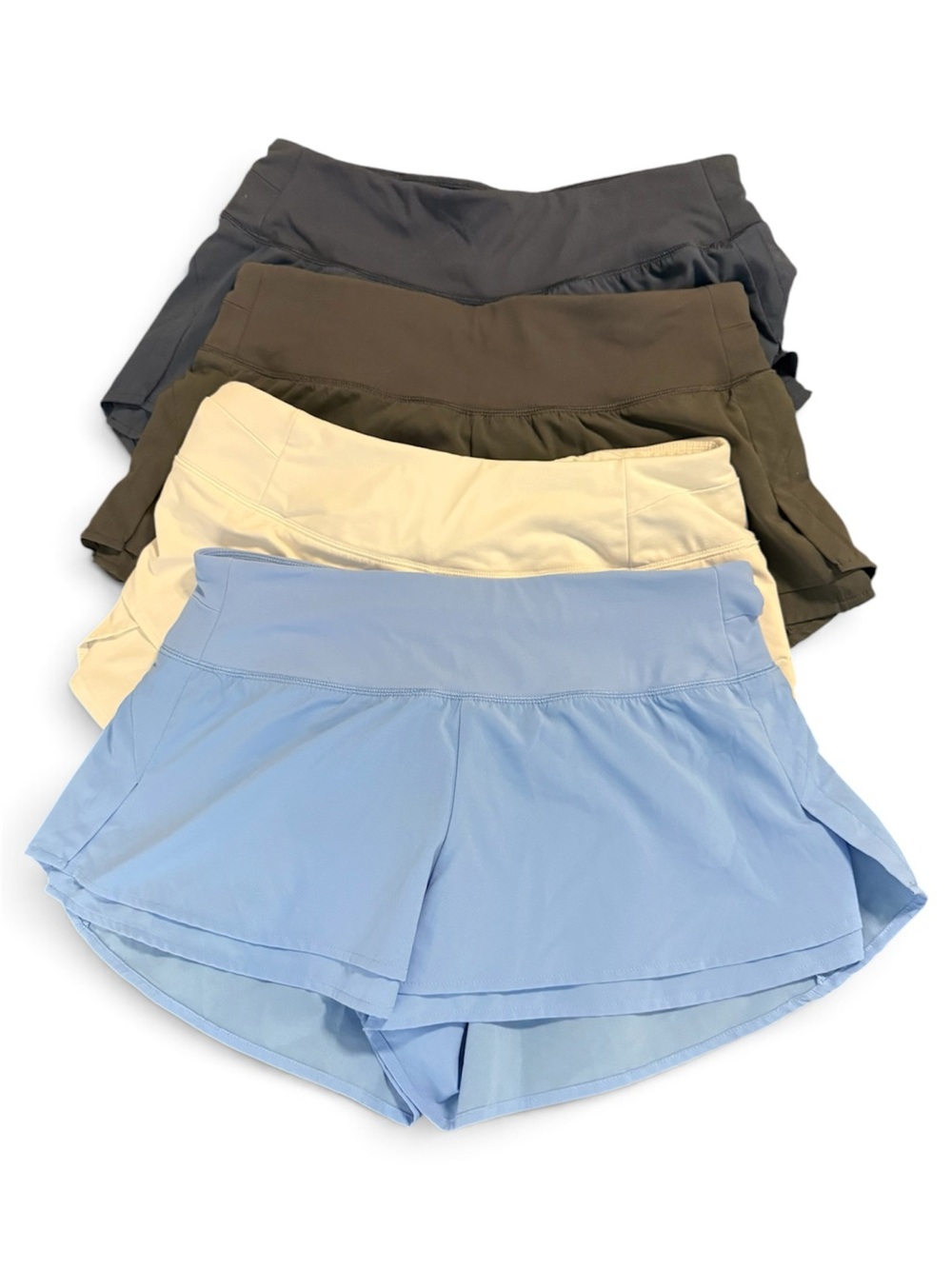 Women’s Active Layered Running Shorts — Light Blue, white, Navy, Gray